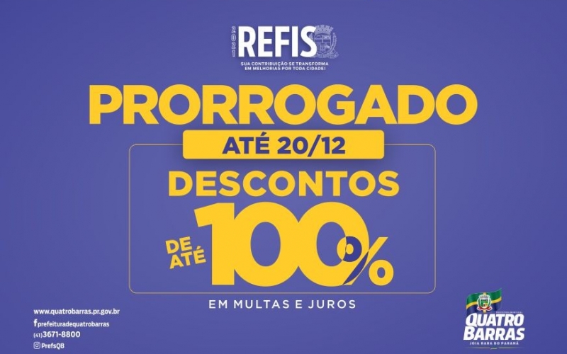 Prefeitura de Quatro Barras prorroga prazo de adesão ao Refis 2021